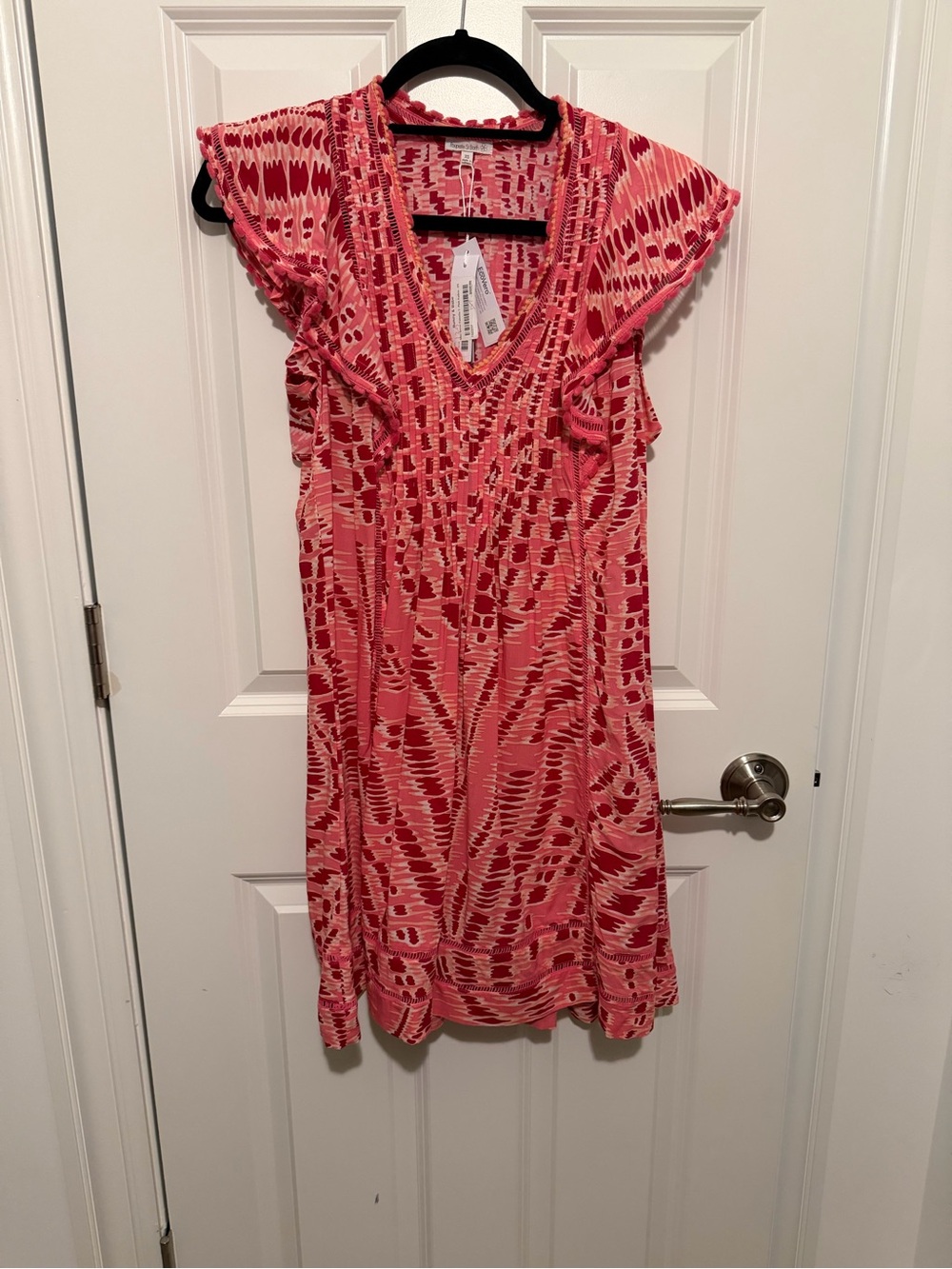 Poupette St. Barth Pink and Coral Patterned V-Neck Mini Dress